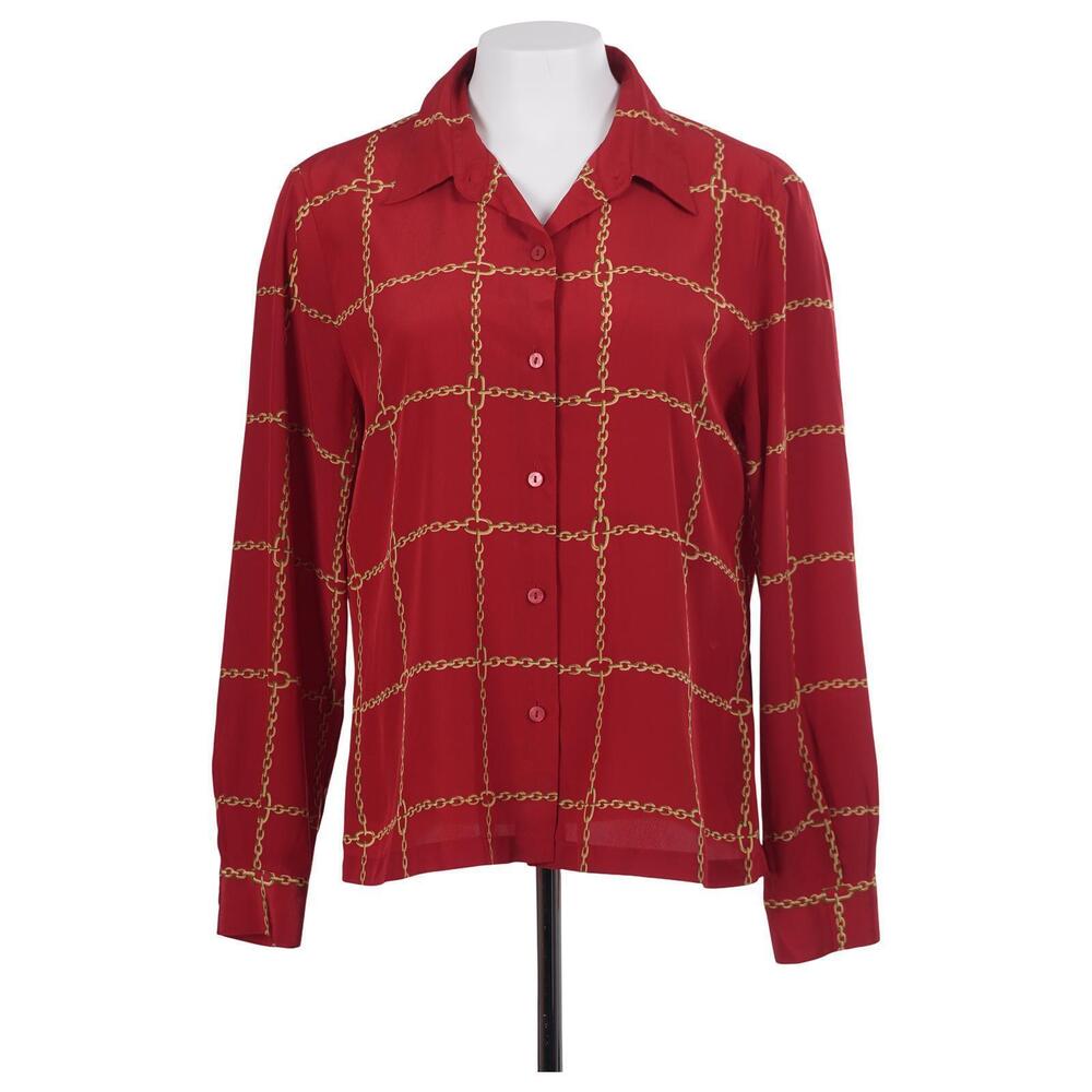 JOSEPHINE CHAUS Blouse Size 12 Red Chain Windowpane Print Button Up Long Sleeve